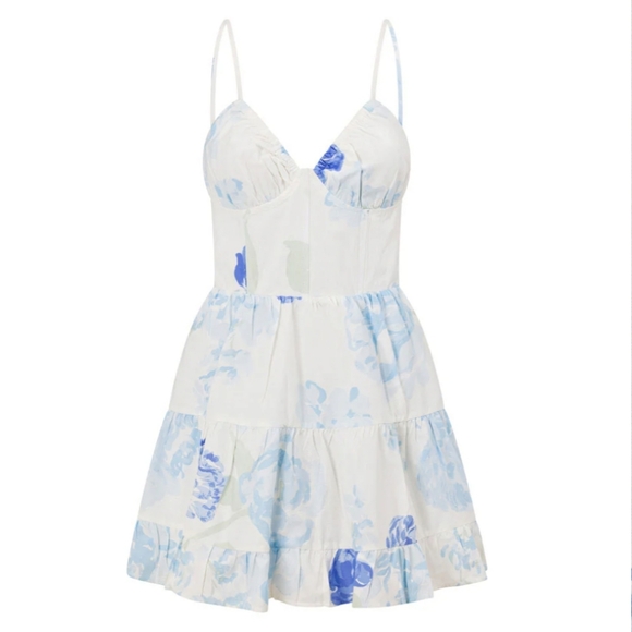 SABO Women's White And Blue Peony Floral Keyana Spagetti Strap Dress - Size 2 - Picture 1 of 12